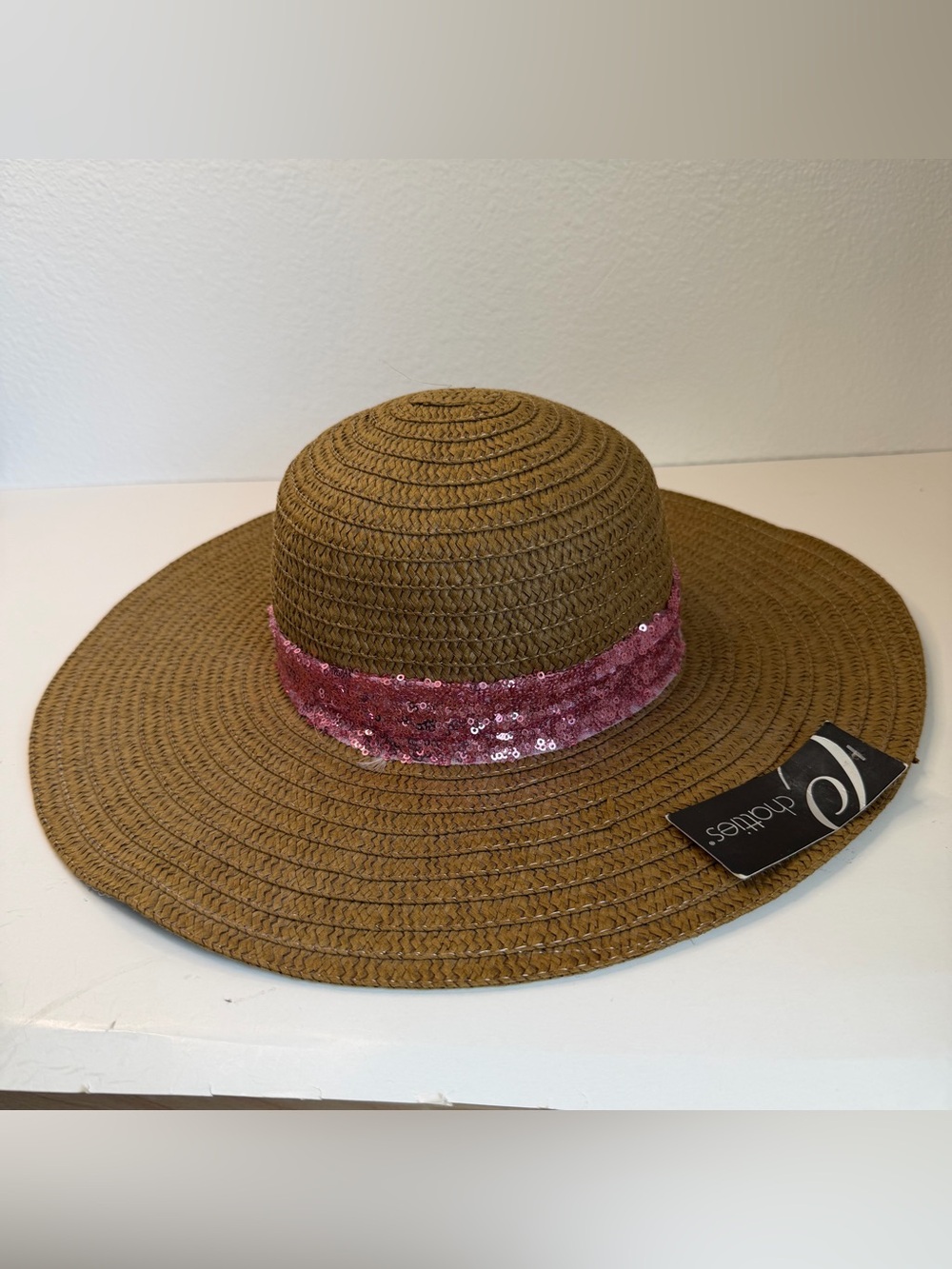 Chatties Tan Pink Sequin Band Paper Straw Wide Brim Hat